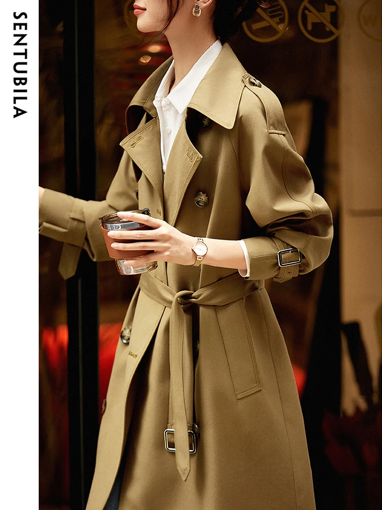 SENTUBILA Women's Belted Trench Coat Elegant Long Windbreaker