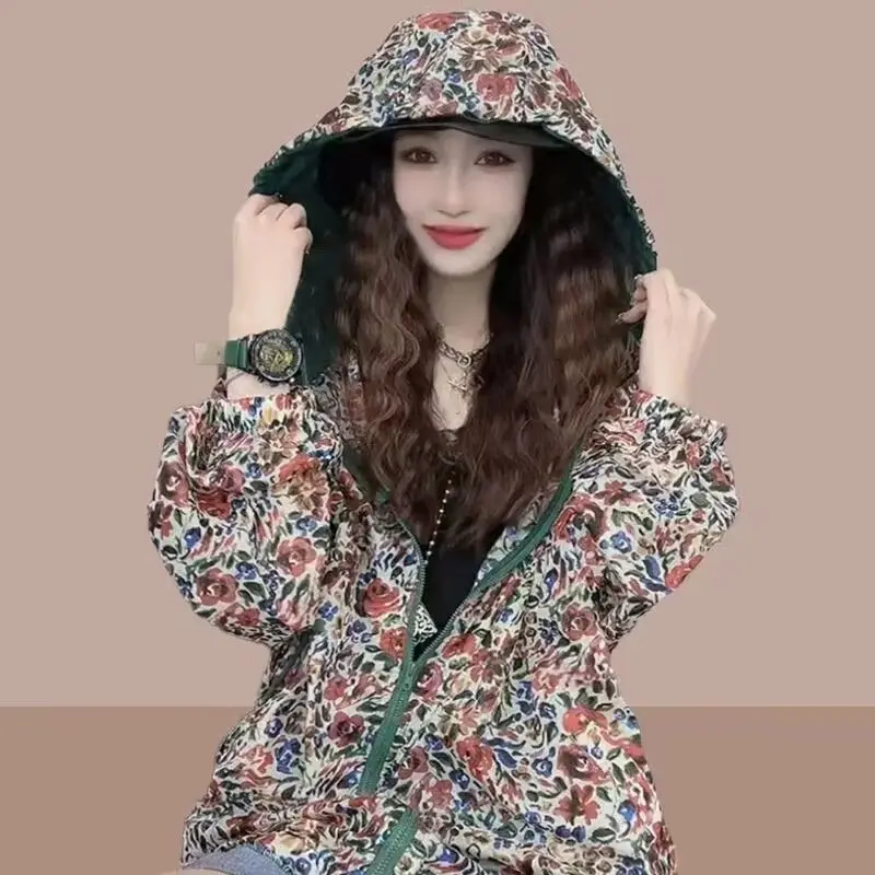 Harajuku Vintage Print Long Sleeve Hooded Jacket Women Sweatshirt Summer Jacket Beach Outdoor Sun Protection Clothes Coats New