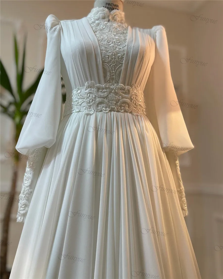 Funyue فرنسا الدانتيل فساتين زفاف إسلامية للنساء مطرز ألف خط الشيفون دبي فستان الزفاف كم كامل Vestidos De Novia 2025