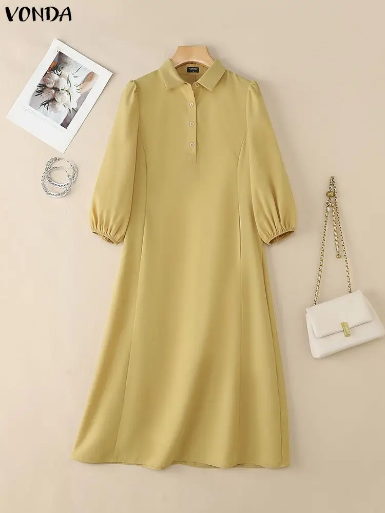 Vintage Dress Plus Size Women Office Lady Long Sundress 2025 VONDA Fashion 3/4 Sleeve Lapel Neck Robe Casual Loose Vestidos 5XL