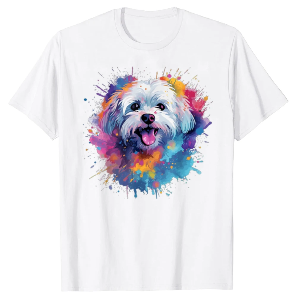 Funny Colorful Maltese Splash Art Dog T Shirts Summer Graphic Cotton Streetwear Short Sleeve Birthday Gifts T-shirt Men