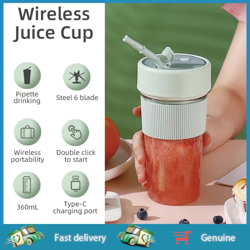 Wireless Blender Juice Electric Fruit Juicer Mixer Portable Juicer with Straw Household USB Charging 6 Blade Sippy Cup