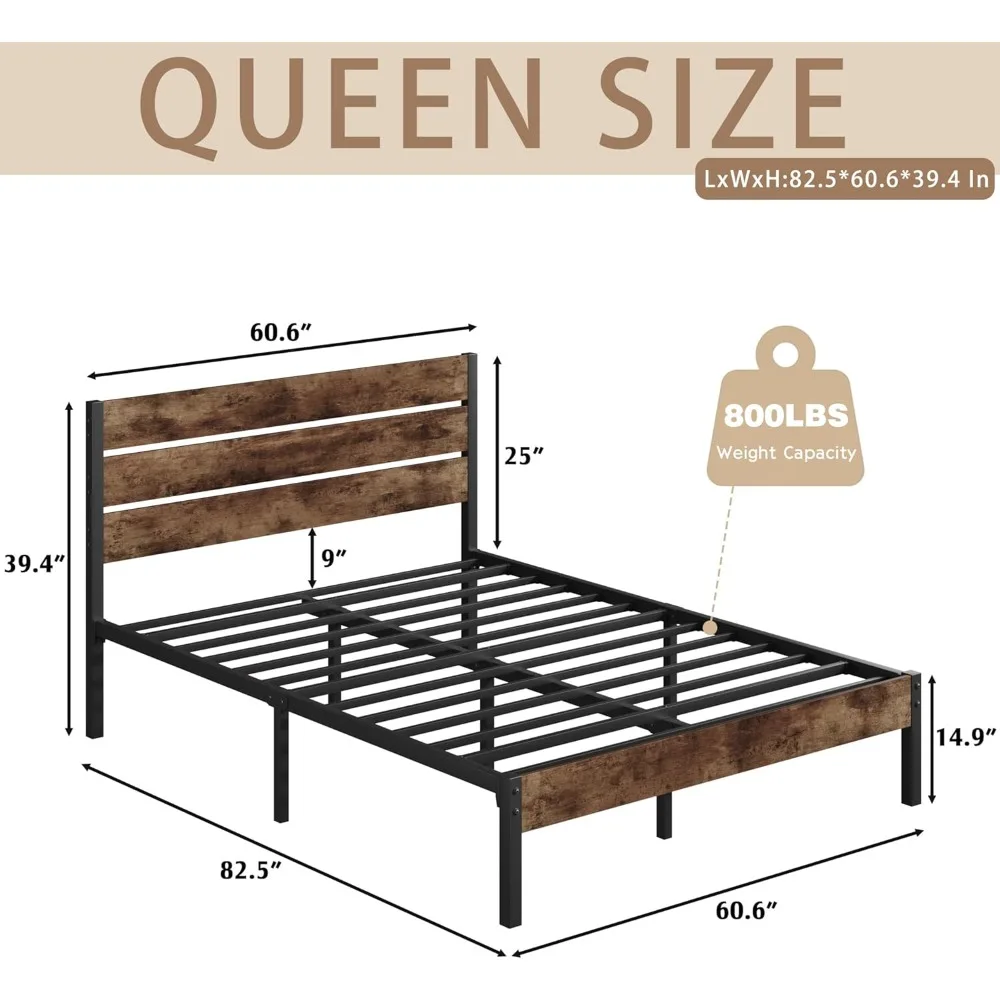 Queen Bed Frame with Wooden Headboard and Footboard, 14 Inch Metal Platform Bed, Mattress Foundation, No Box Spring Nee