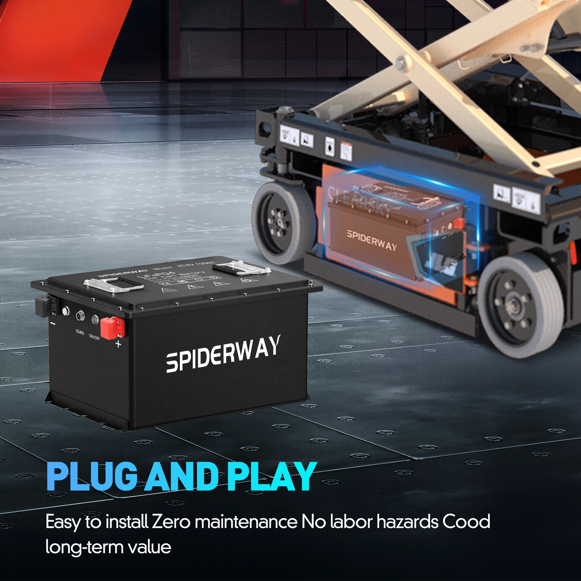 بطارية LiFePO4 24 فولت 150 أمبير مع شاحن 25 أمبير 6000+ دورات بحد أقصى. 7.68 كيلو واط لـ Skyjack SJIII 4626، 4632، 3219 رافعة مقصية