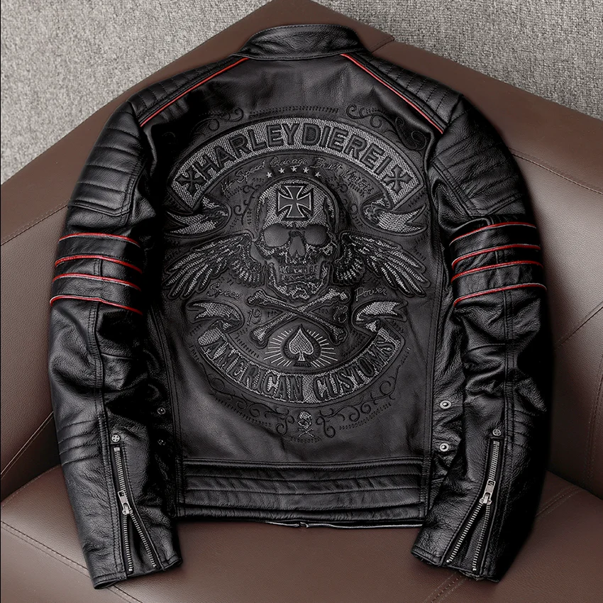 Spring Autumn Winter Original Leather Motorcycle Jacket Men's Skull Embroidery Top Layer Genuine Cowhide Black Slim Male Coat