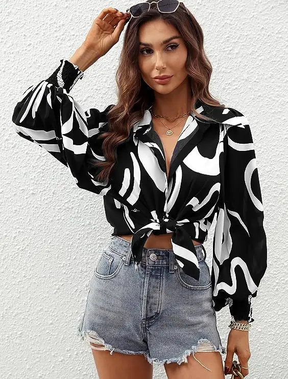 

Lantern Sleeve Print Shirt Blouse Women Autumn Fashion Casual Loose Button Shirts For Women 2023 Spring Vintage Top Femme