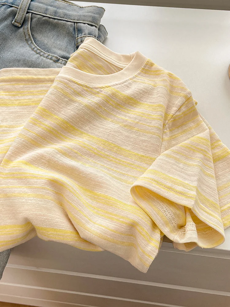 Summer  Anti-Aging Color Block round Neck Striped Short Sleeve Loose Slimming Fashionable Commuting Top Women's T-shirt