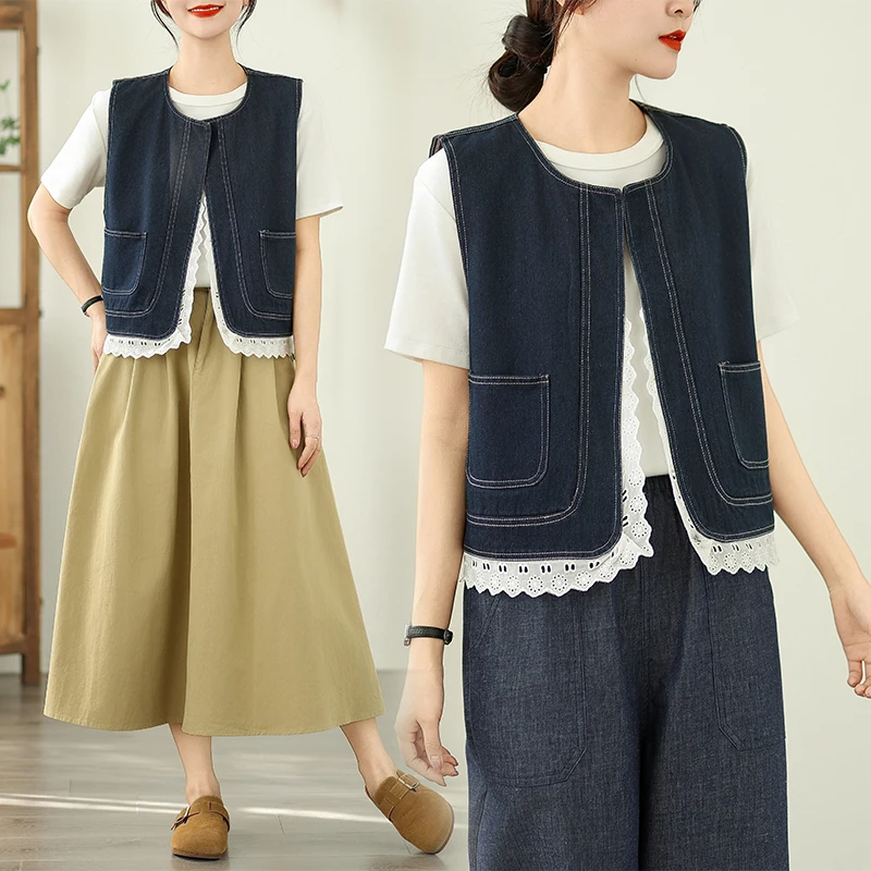 

Slimming Large Size Women's Summer Thin Floral Trim Denim Vest Jaet Top V-Ne Commute Sle Regular Length Outerwear