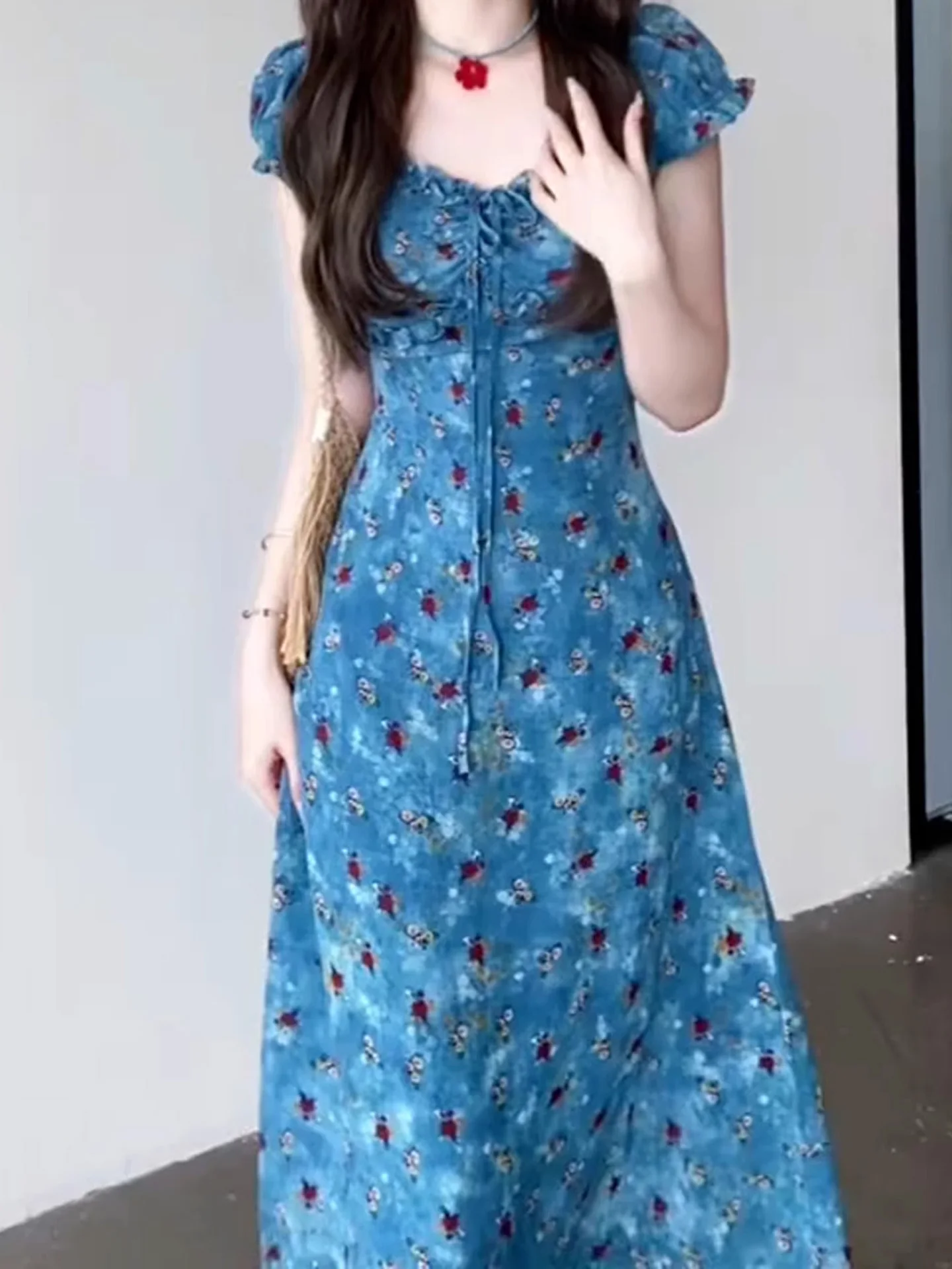 Vestidos de manga curta das mulheres noite 2025 mulher primavera gaze frisado em camadas puff manga império cintura cottagecore fairycore fofo