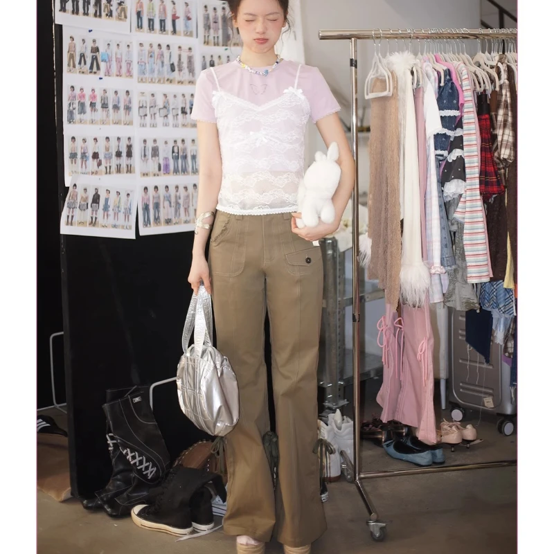Spring Summer Ladies Retro Drawstring Flared Trousers Women's Overalls Versatile Thin Cool Casual Loose Wide-leg Pants Grils