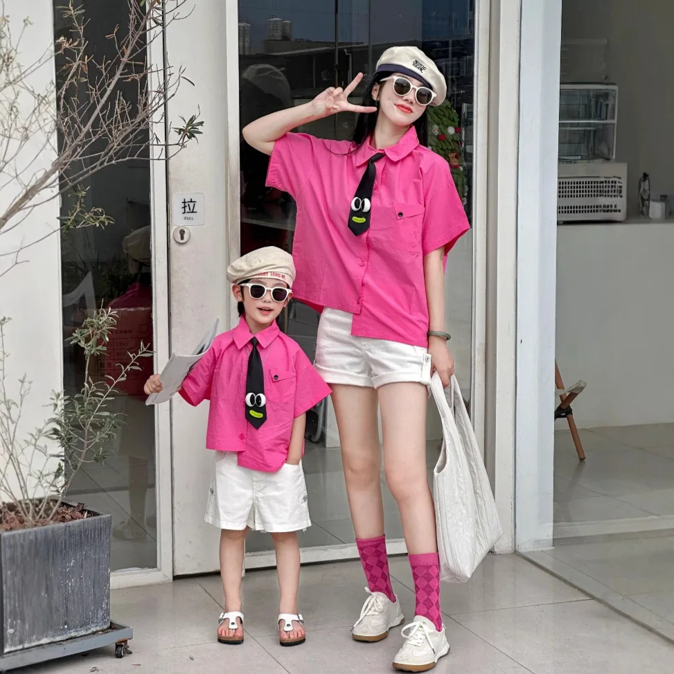 

Cute Family Matching Outfits Candy Color Shirt with Tie for Mom & Son + White Shorts Set Mother and Daughter Cotton Clothes