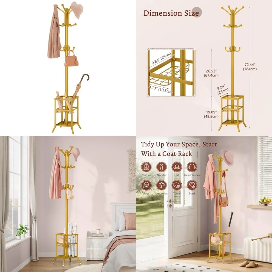 

Coat Rack Freestanding, Coat Rack Stand with Umbrella Holder, Metal Coat Tree with 12 Hooks, Tree Clothes Hat for Entryway, Hal