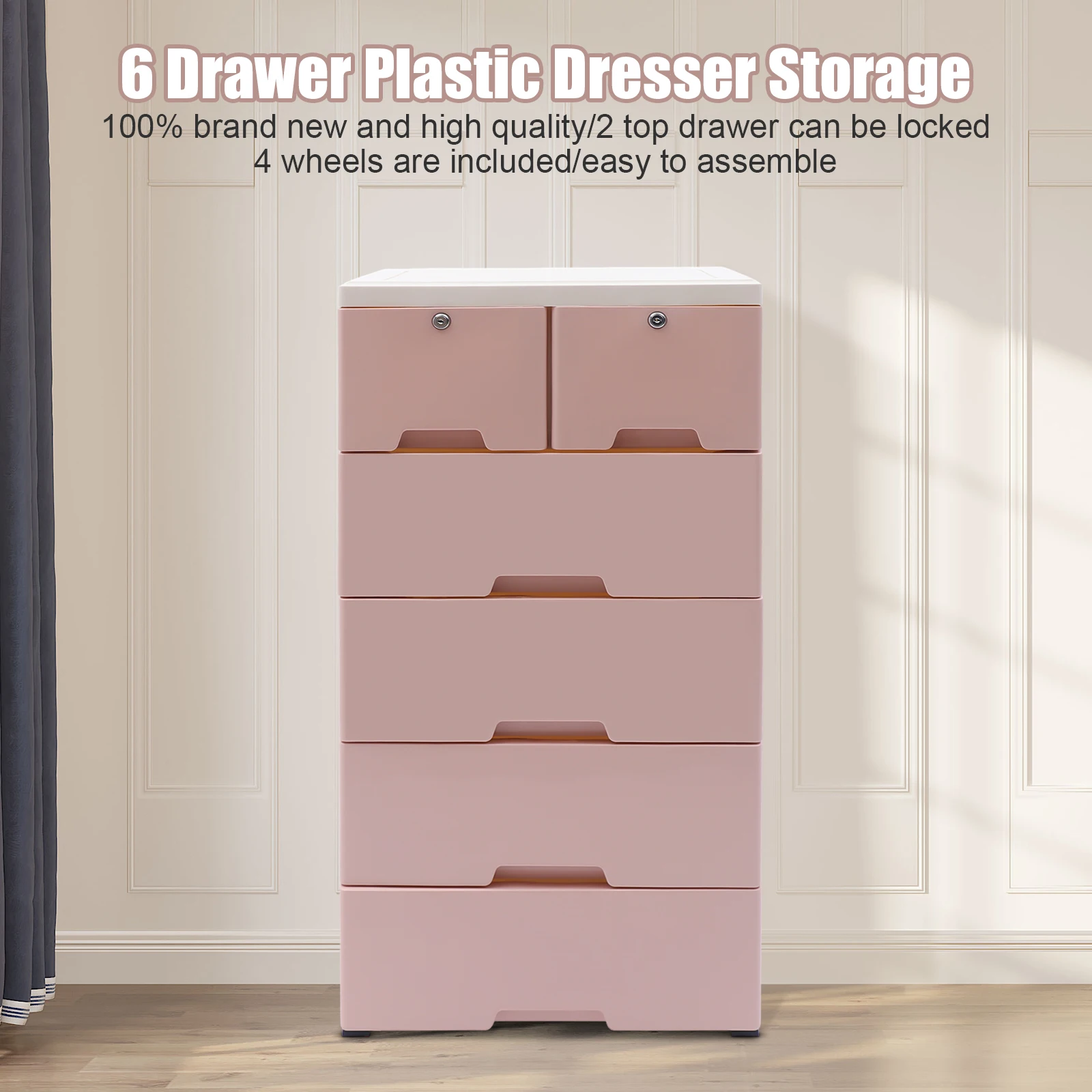 6 Drawer Plastic Dresser Storage Tower Closet Organizer Unit 4 Wheels for Home Office Bedroom 19.7