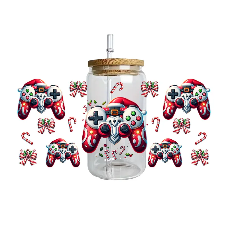 Game Controller Xmas Series UV DTF Transfers Sticker Cup Wrap for 16oz Libbey Glasses DIY Washable Mug 3D Sticker For Controller