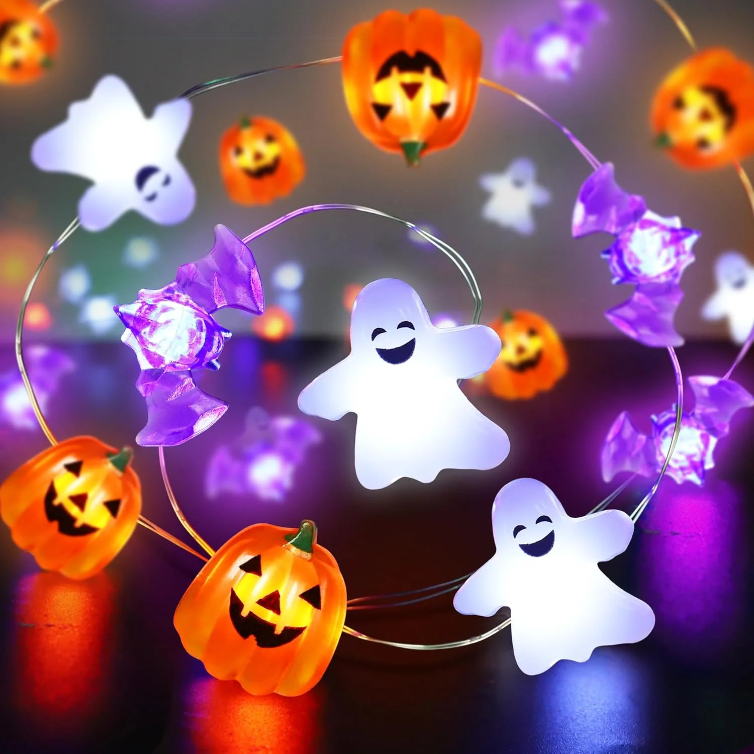 1 Stück 20/30 LED Halloween Kürbis Geist Fledermaus Lichterkette Batteriebetrieben Gruselige Feenlichter für Heimdekoration, Indoor-Party, Festivaldekoration – Detail 13
