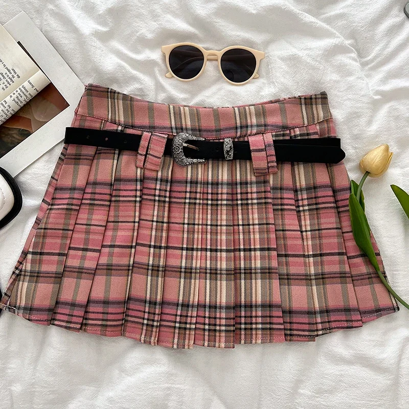 Pink Plaid Tennis Skirt with Belt High Rise Boxy Pleated Mini Skirt Fall Winter Women Teen-girl Y2K Preppy Tenniscore Outfit