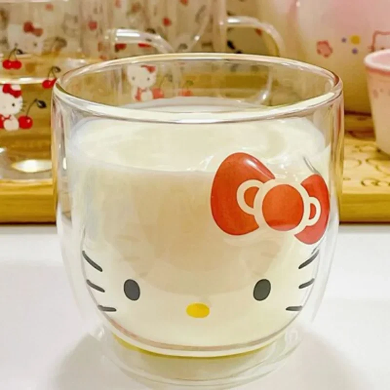 280ml Hello Kitty Glass Mug Kawaii Double Wall Coffee Mugs Cute Women Tea Milk Lemon Juice Water Cup Birthday Christmas Gift