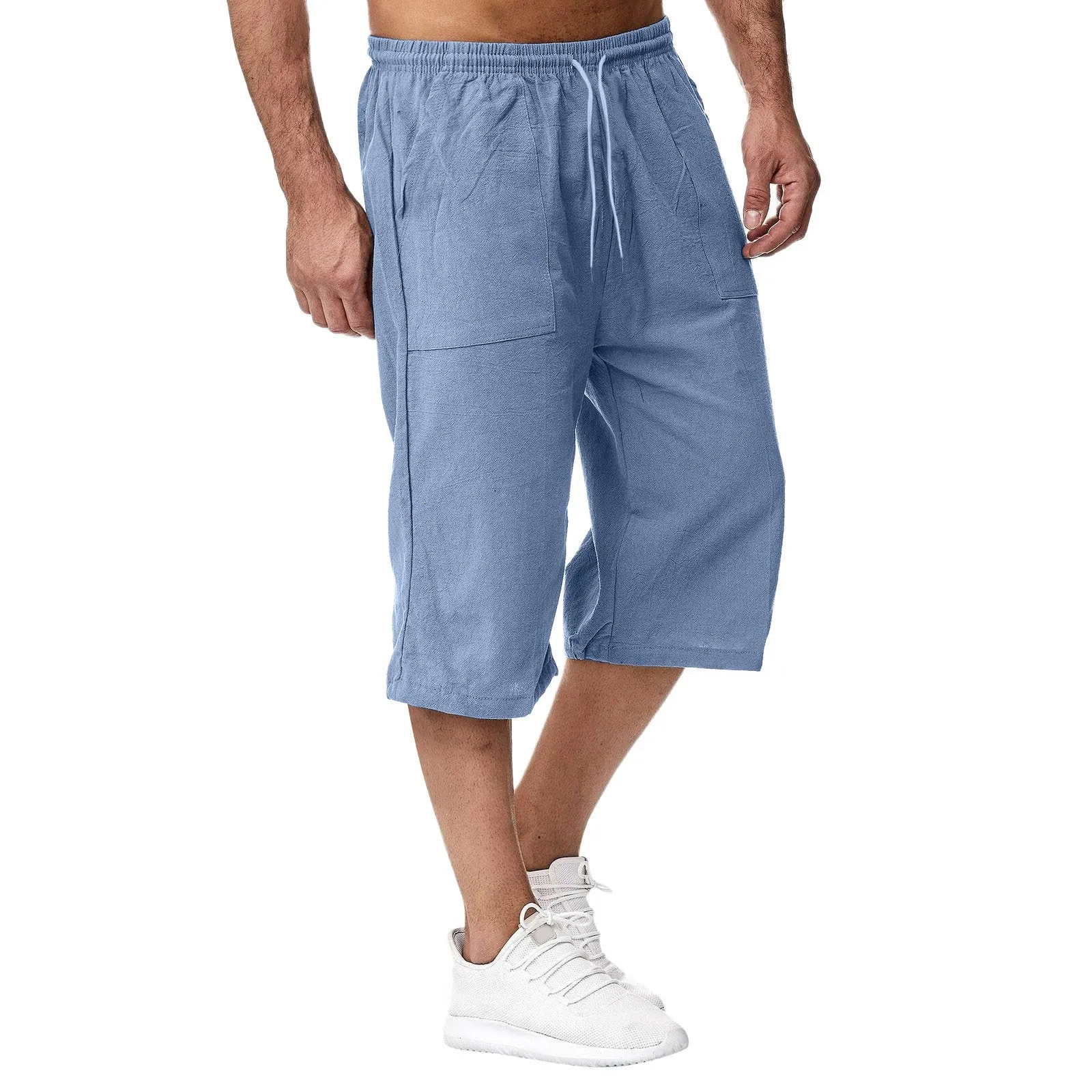 

Summer Man Casual Short 3XL Linen Cotton High Waist Bermuda Shorts Solid Drawstring Sweatpants Blue Breeches with Pockets Pants