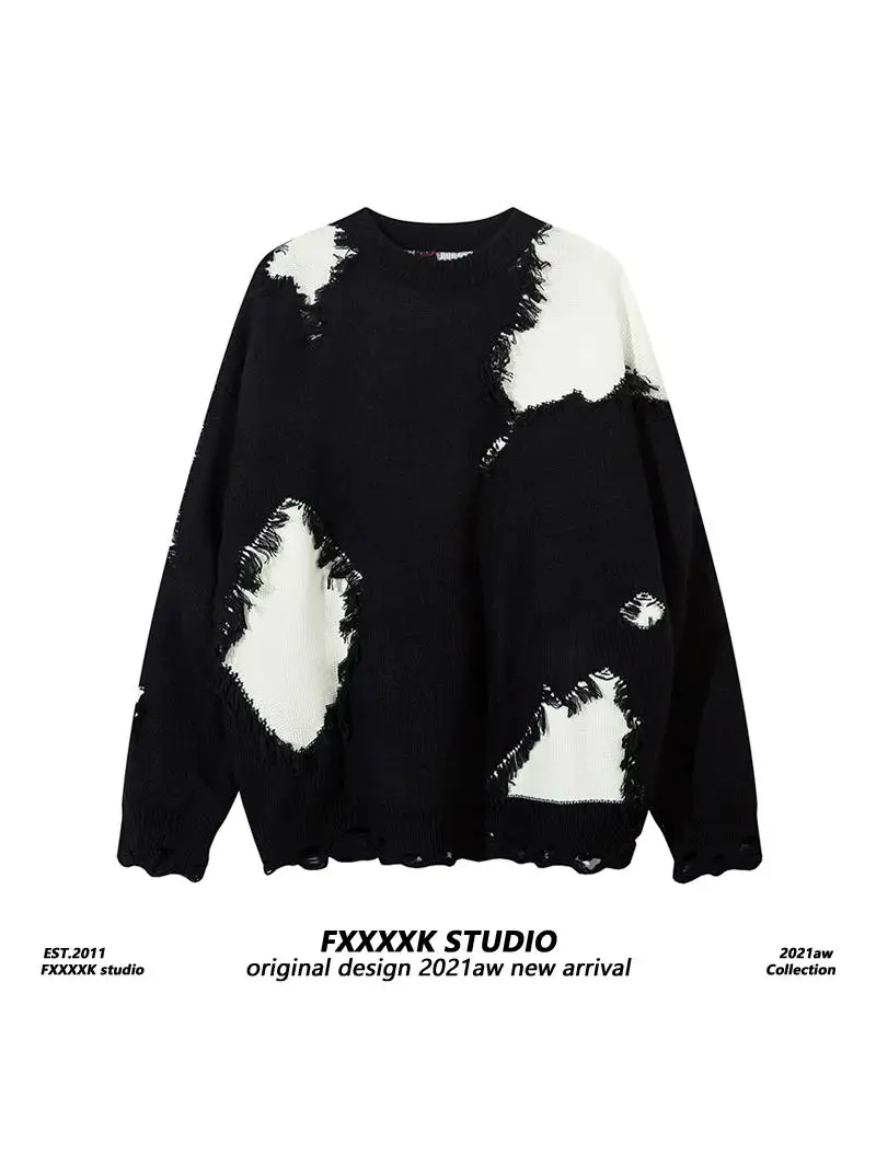 

Оригинальный американский свитер FXK Heavyweight Color Blo Hole Personali в стиле хип-хоп, свободный вязаный свитер для пар, модная повседневная одежда