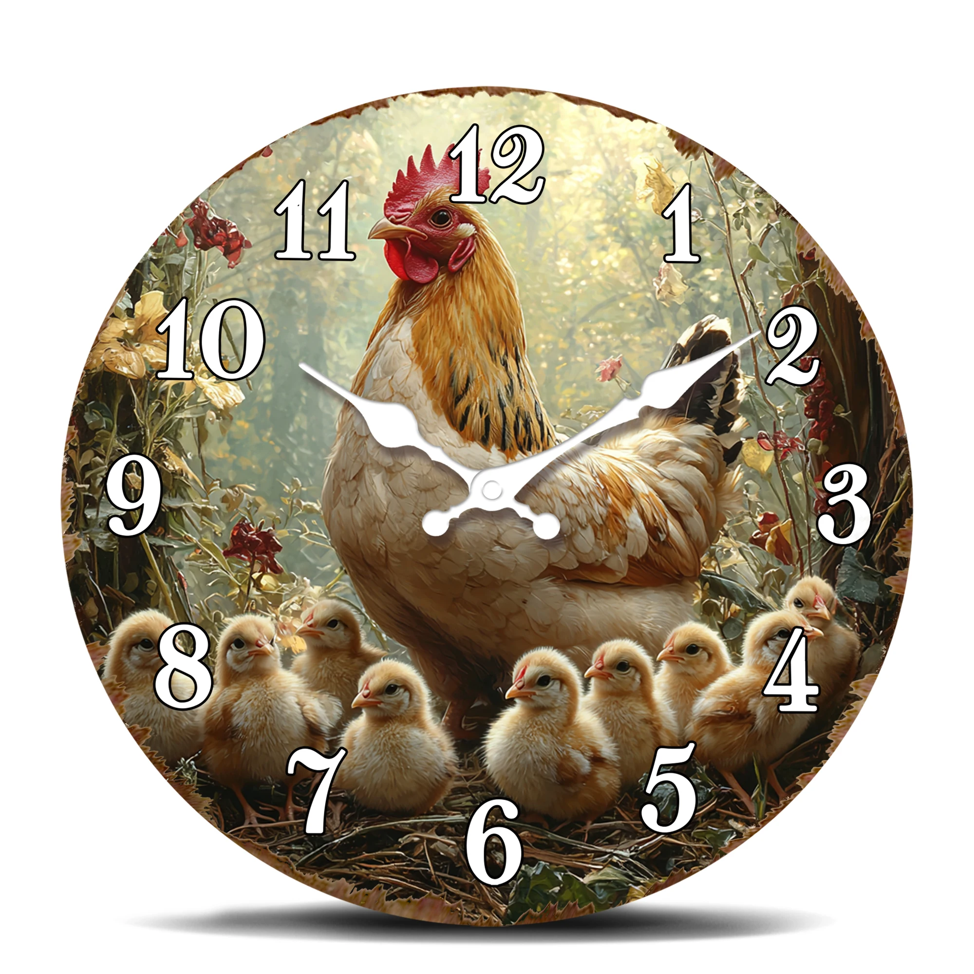 Dekorative Wanduhr mit Hühnerfamilie, rustikales Bauernhof-Tierdesign, runde Uhr, niedliche Mutterhühner mit Küken, Kunst-Wanduhr für