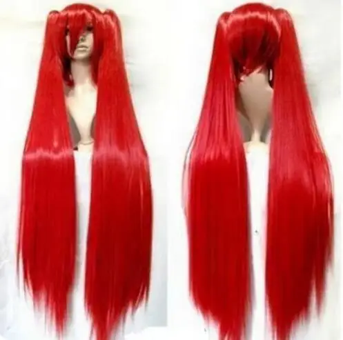 Vocaloid Miku Long Red Anime Costume Cosplay Party Hari wig + two pigtails