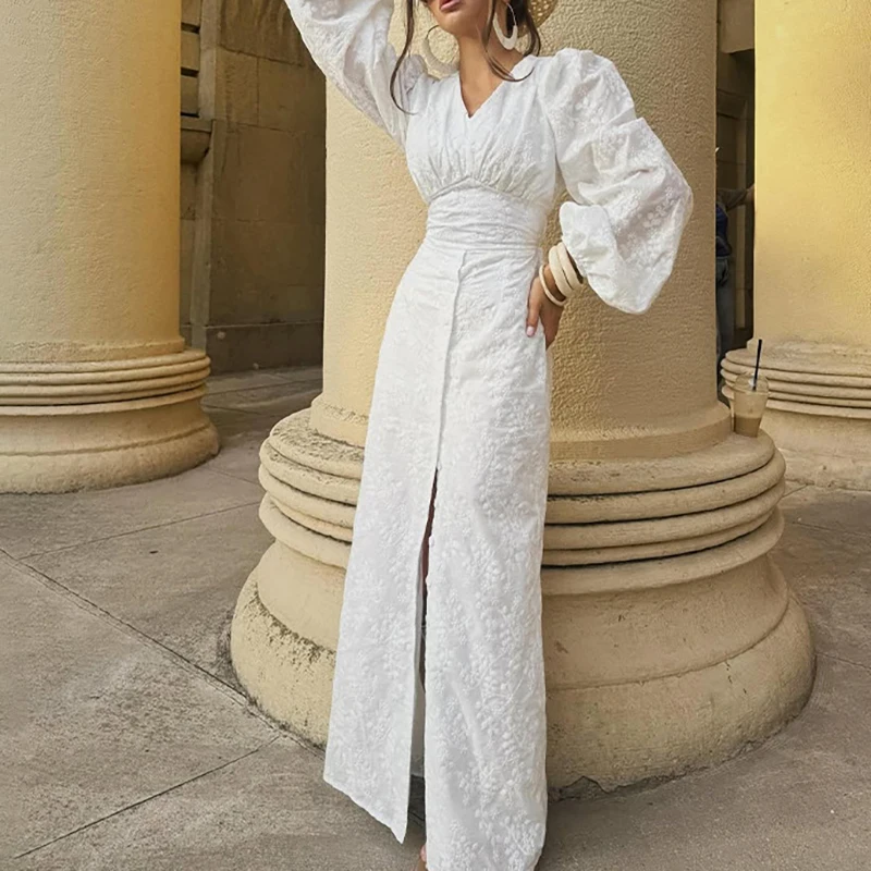 Elegancka sukienka damska z długim rękawem, jednolita, z rozcięciem, haftem, guzikami, dopasowana, seksowna sukienka wieczorowa z dekoltem w serek i wiązaniem w talii.