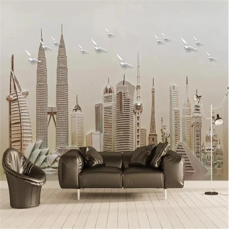 Custom wallpaper 3D relief embossed famous building group TV background wall Nordic city architecture modern decorative painting