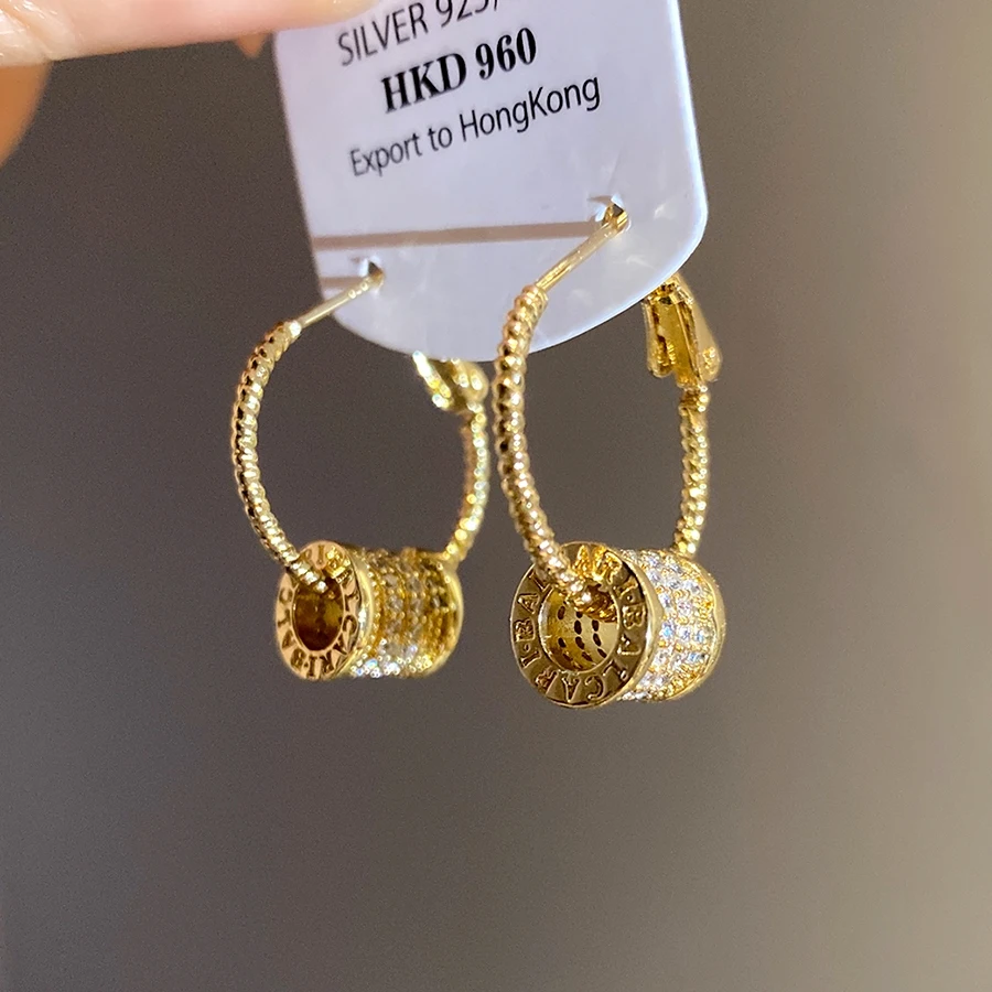 Gold Hoop Earrings with Cubic Zirconia Inlaid Rolling Ring Pendant for Women Minimalist Daily Luxury Designer Jewelry