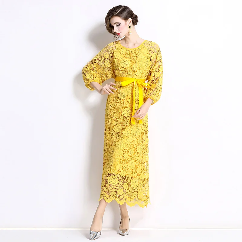 Temperamento a maniche lunghe girocollo vita stretta dimagrante abito in pizzo a trapezio cavo elegante gonna lunga altalena AZ 6956075