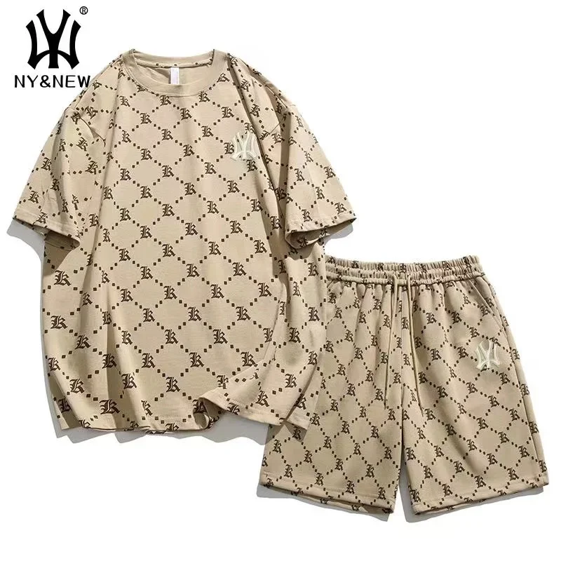 Y2K NY & جديد القطن الخالص مريحة طباعة كاملة الرجال دعوى قصيرة الأكمام الرجال الصيف زوجين دعوى الأمريكية الرجعية الرجال البدلة