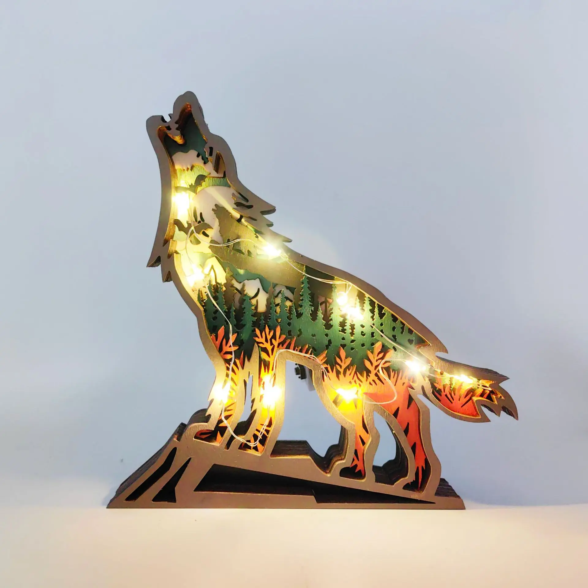 2024 New Nordic Style Creative Wooden Carving Wolf Forest Animals with Lighting Wood Crafts Ornaments Home Accessories