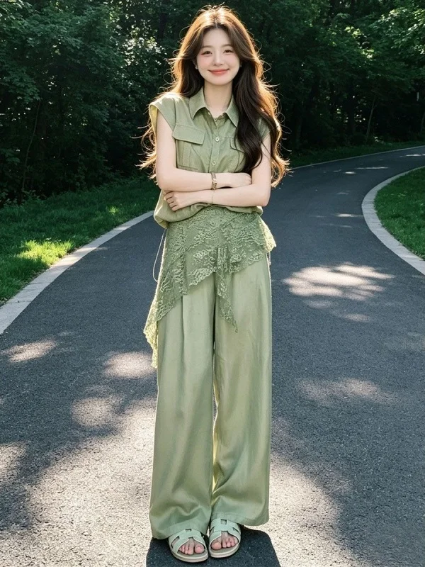 Elegant Summer Outfit Women's Sleeveless High Waist Wide Leg Pants Two-Piece Set Fashionable Design Slimming Effect