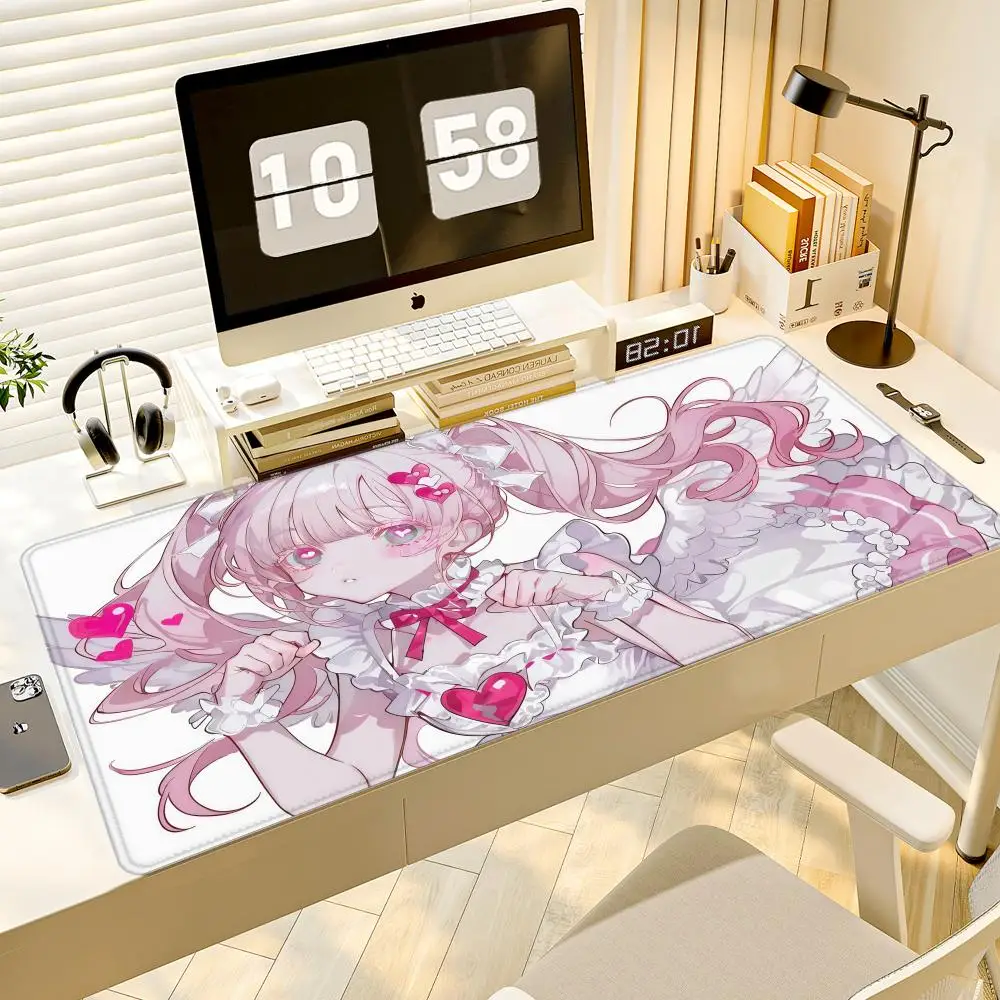 Large Gaming Mouse Pad,Anti-slip,Stitched Edges,Soft Rubber,Pink Angel Anime Girl Gaming Deskpad For Office Desk & Home Use