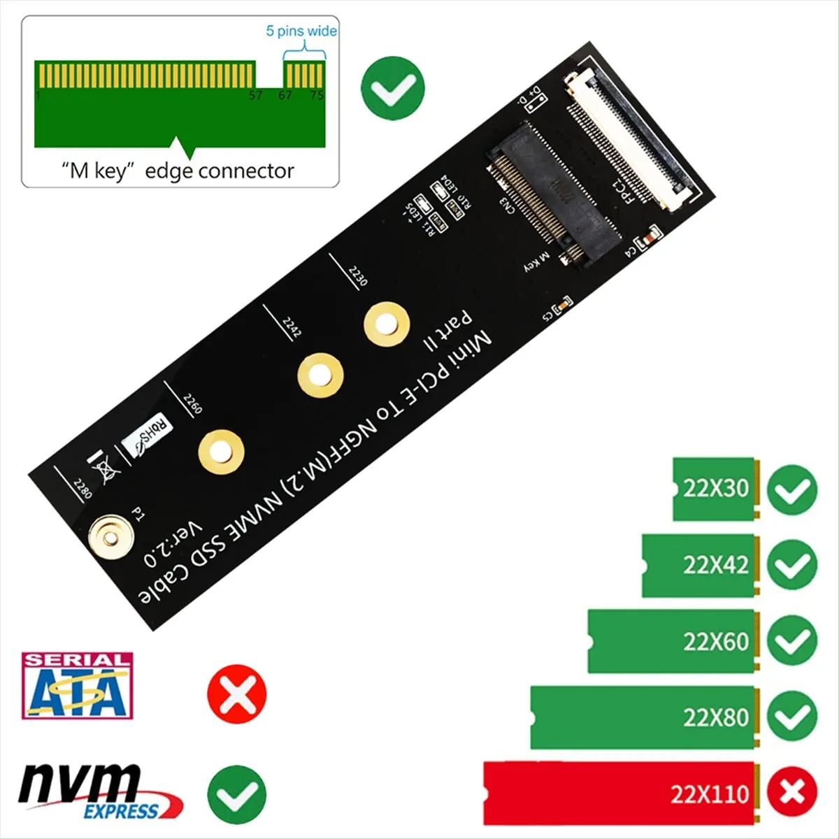 

[A75T] M.2 NVME SSD to Mini PCI-E Adapter with FFC Cable for M.2 M-Key 2230/2242/2260/2280 NVME SSD Converter Extension Cord
