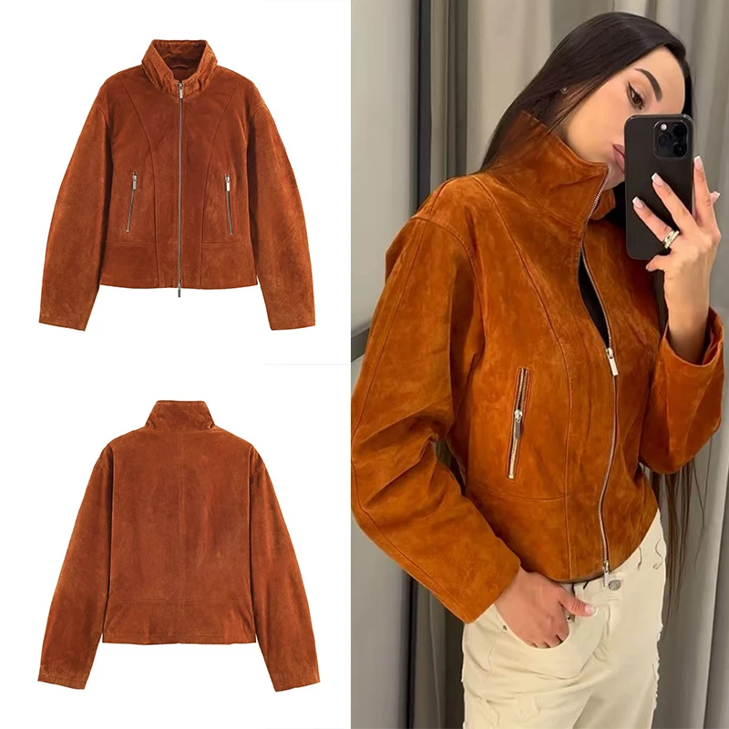 Guobioziy 2026 Autumn Women Retro Suede Cropped Jacket High Collar Full Zip Pockets Long Sleeve Moto Biker Outerwear