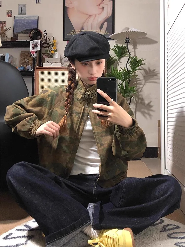 

Women's Loose Fit Short Camouflage Baseball Jacket Spring Fall Long Sleeve Streetwear Stand Collar Slimming Small Size Coat