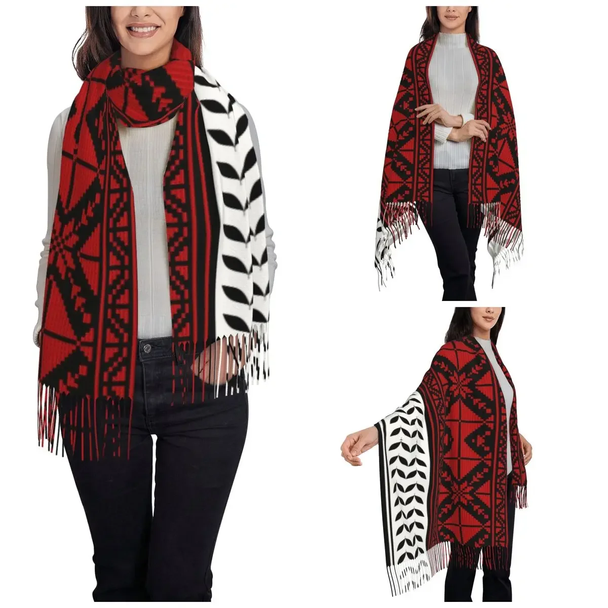 Sciarpa con nappa da donna Arabo Folk Kufiya Hatta Modello tradizionale Keffiyeh Grande scialle caldo invernale e sciarpe Pashmina avvolgenti