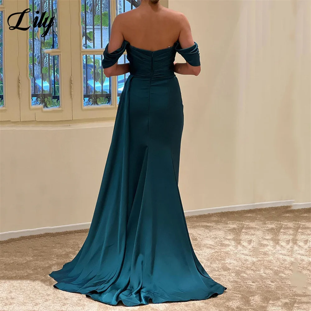 Lily Teal Stain Prom Dresses Sequined V Neck Evening Dresses Off the Shoulder Zipper Back Party Dress Pleat Side Split 프롬드레스