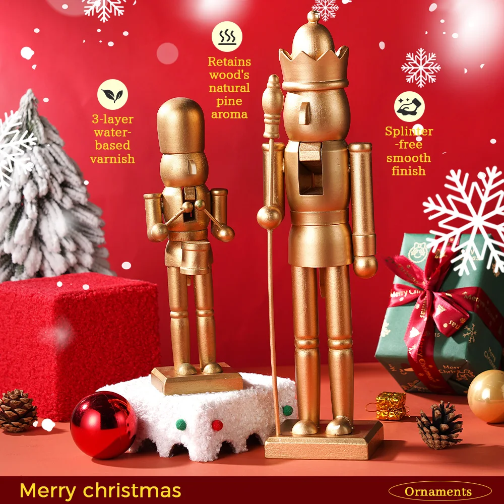 Goldene Weihnachten Nussknacker Holz Nussknacker Ornament Soldat Handwerk Puppe Spielzeug Statuen Home Office Desktop Dekoration Geschenk