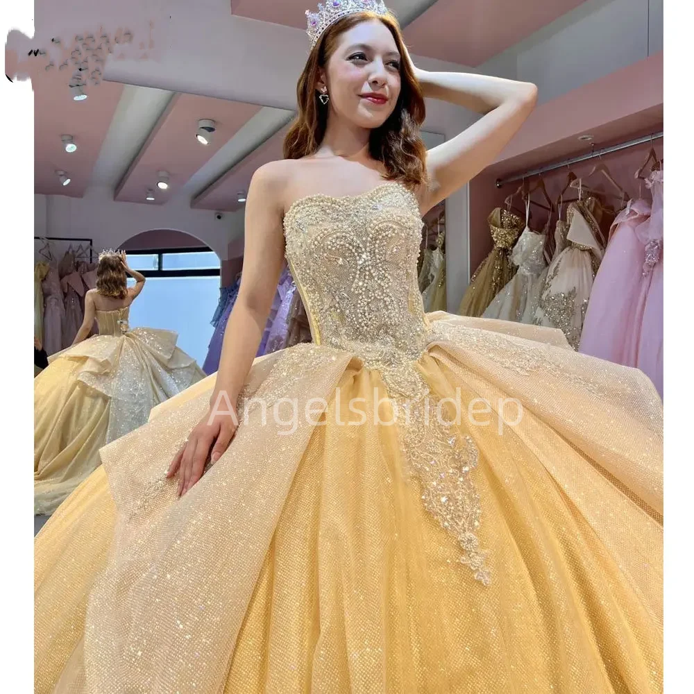 

Angelsbridep Elegant Yellow Ball Gown Quinceanera Dresses Beading Crystals Tiered Evening Party Dress Woman Vestidos De Festa