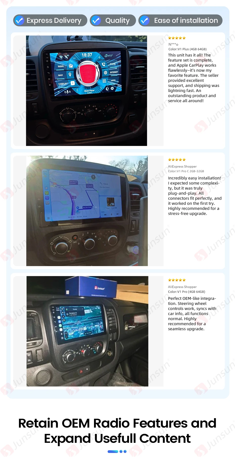 Junsun Autoradio für Renault Trafic 3 2014-2021 mit CarPlay, Android Auto, FM, RDS, DSP, BT, GPS-Navigation, SWC, HD IPS Touchscreen, Plug & Play Multimedia-Player, Freisprechfunktion, Original-Autostil-Haupteinheit – Detail 4