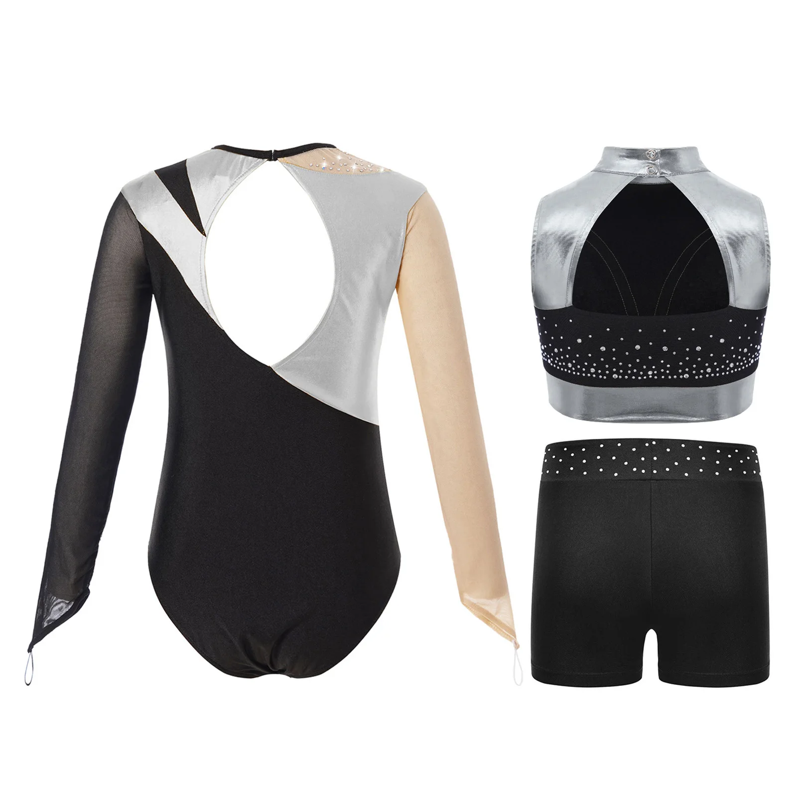 여자 운동 피겨 스케이팅 체조 발레 댄스 의상 민소매 라인스톤 메탈릭 크롭 탑+반바지+레오타드 3피스 세트