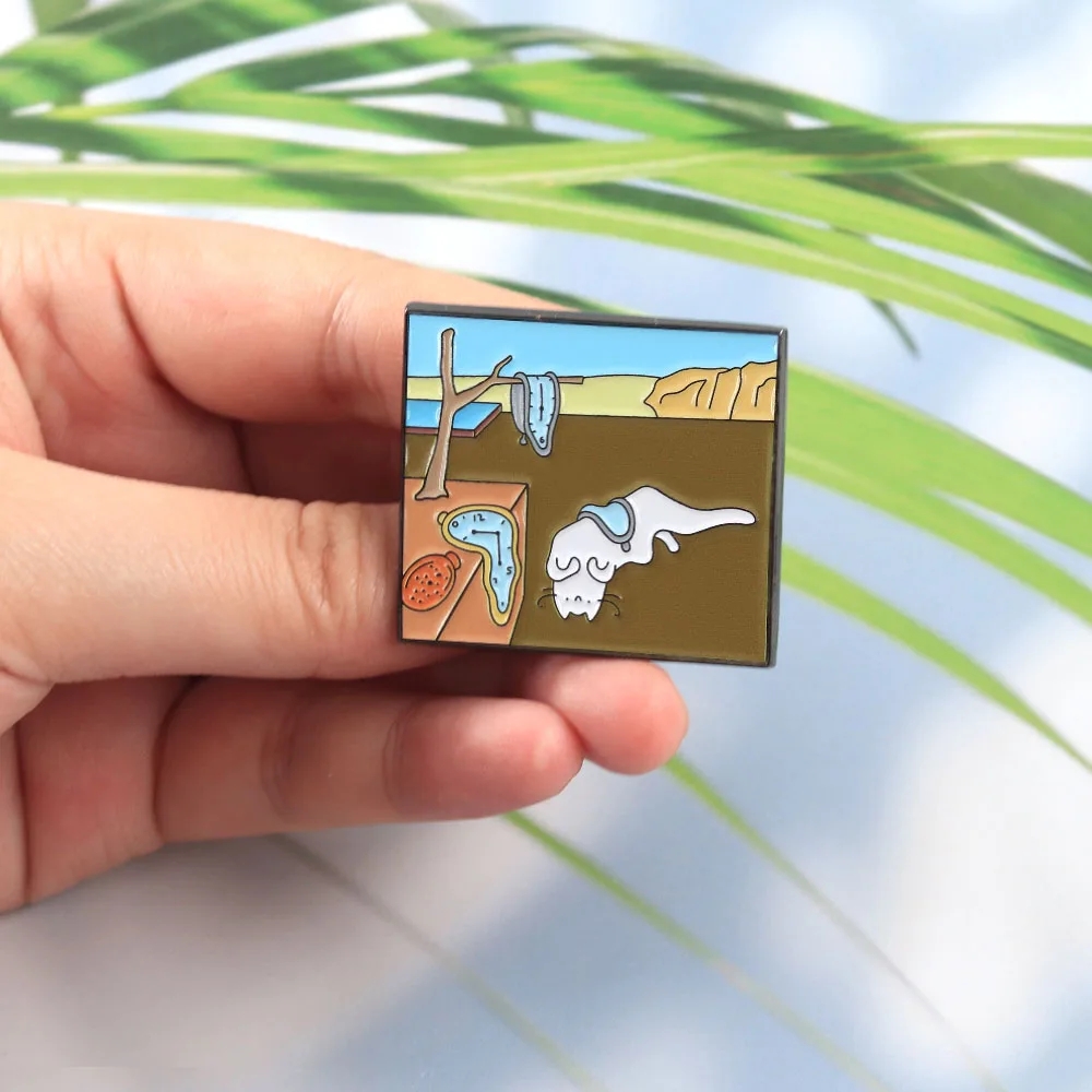 Melting Clock Cat Brooch Classic Paintings Derivative Work Badge Surrealist Fun Collection Enamel Pin Artistic Peripheral Gift view 3
