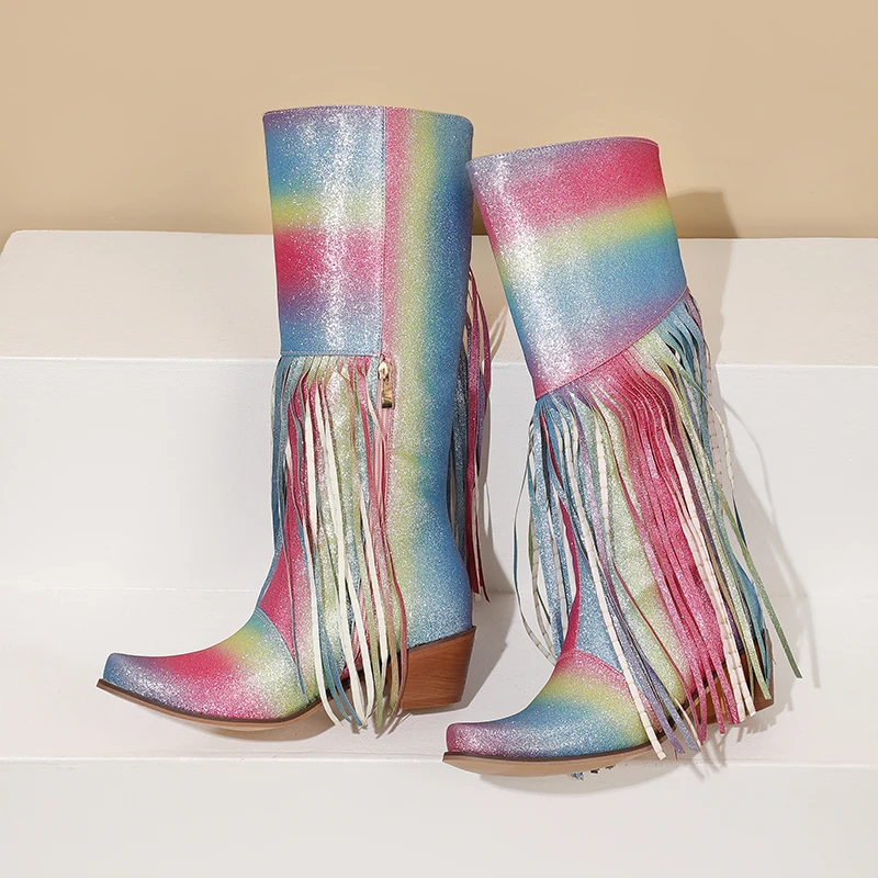 

2025 European and American color-changing tassel rainbow color thick heel pointed side zipper high boots