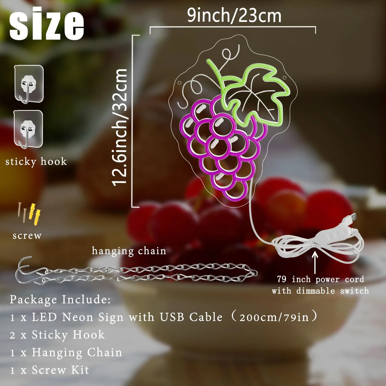 العنب النيون عكس الضوء الأرجواني الفاكهة تحت عنوان نابضة بالحياة LED تضيء للحائط غرفة الاطفال غرفة نوم مطعم بار الطرف #3