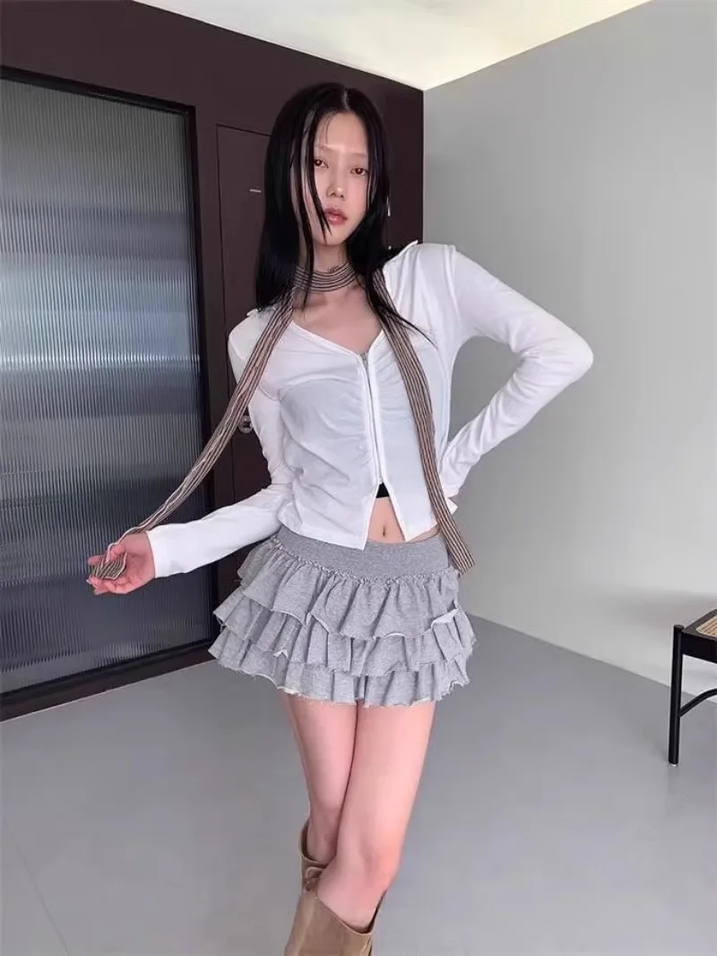 Streetwear Fashion Skirts White Faldas Y2k 2026 Summer Vintage Korean Retro Ballet Style Ruffles Low Waist Cake Mini Skirt