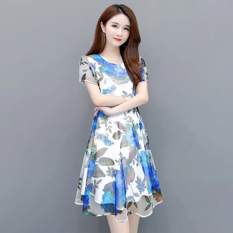 Feminino vintage impressão em torno do pescoço retalhos sheer floral vestido 2026 primavera verão nova camada base vestido fino mini vestido