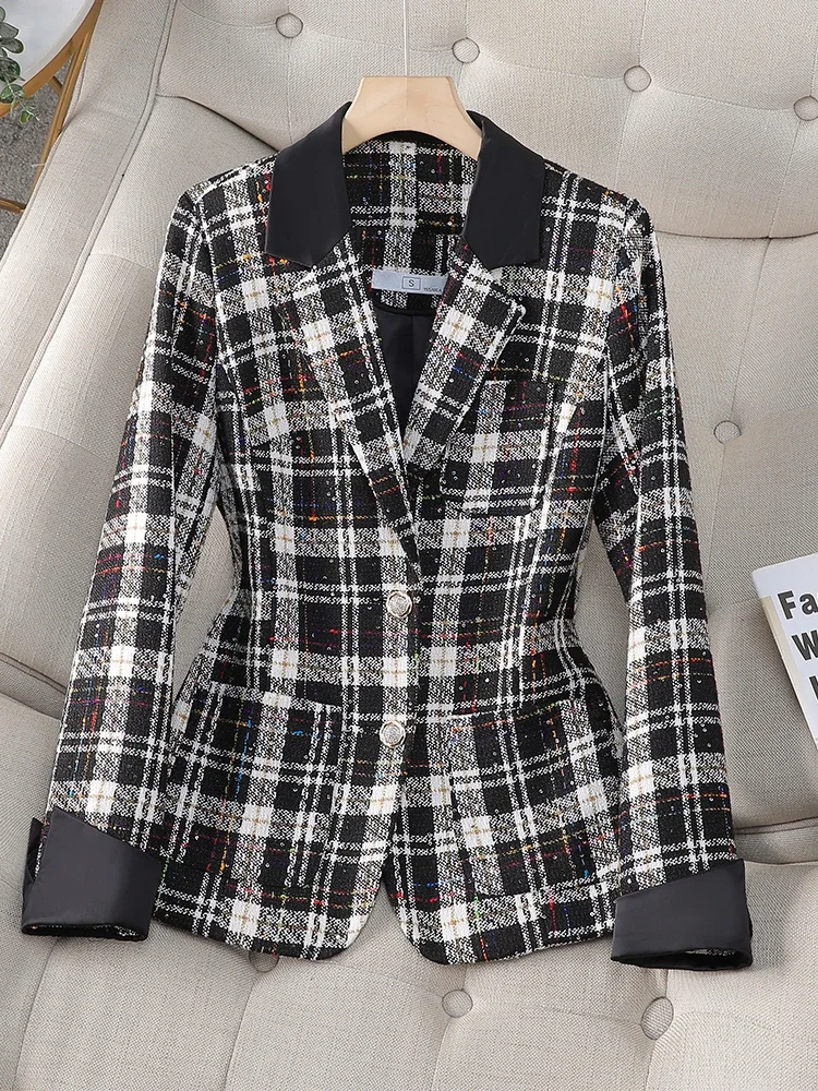 Autunno inverno donna Casual Blazer donna giacca nero bianco verde Plaid manica lunga monopetto femminile cappotto di grandi dimensioni