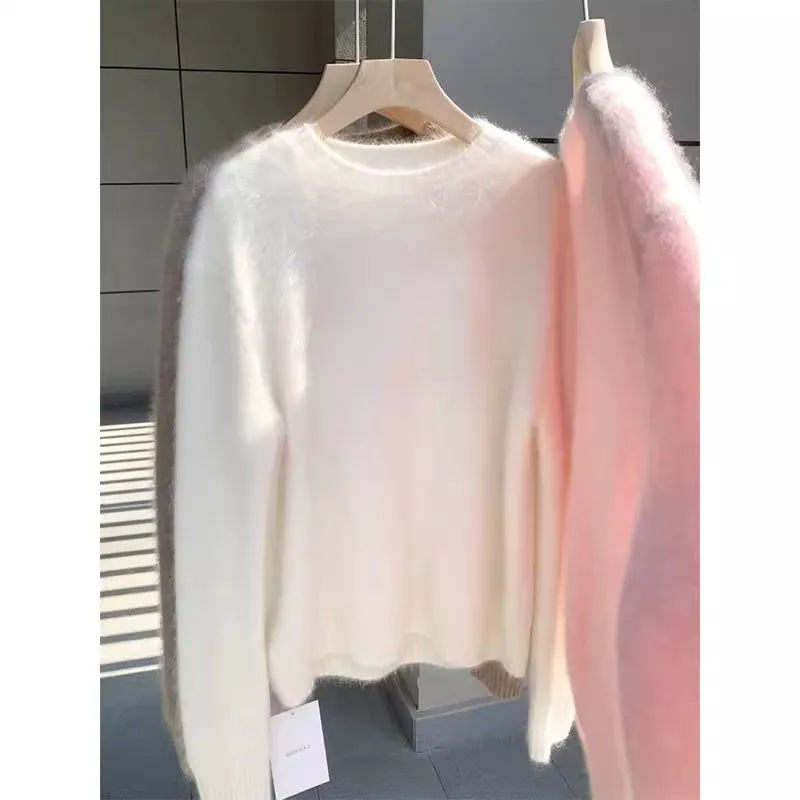 Jersey suelto de imitación de visón para mujer, suéter blanco de punto de Mohair, manga larga, cuello redondo, moda elegante, suave y grueso, Otoño e Invierno