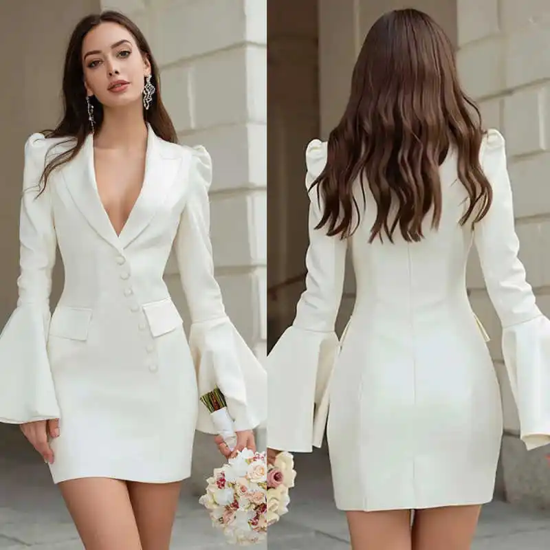 Elegant Women Blazer Dress Slim Fit Bell Sleeve Graduation Ceremony Attire Birthday Party Wear One Piece Customized